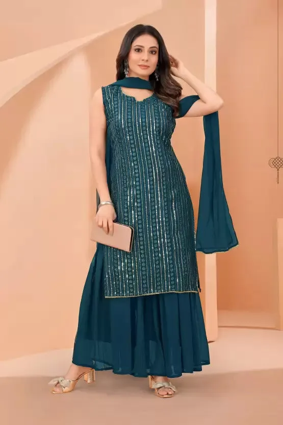 Stunning Rama Green Designer Sharara Kurti Dupatta Set - Embroidered Faux Georgette & Georgette