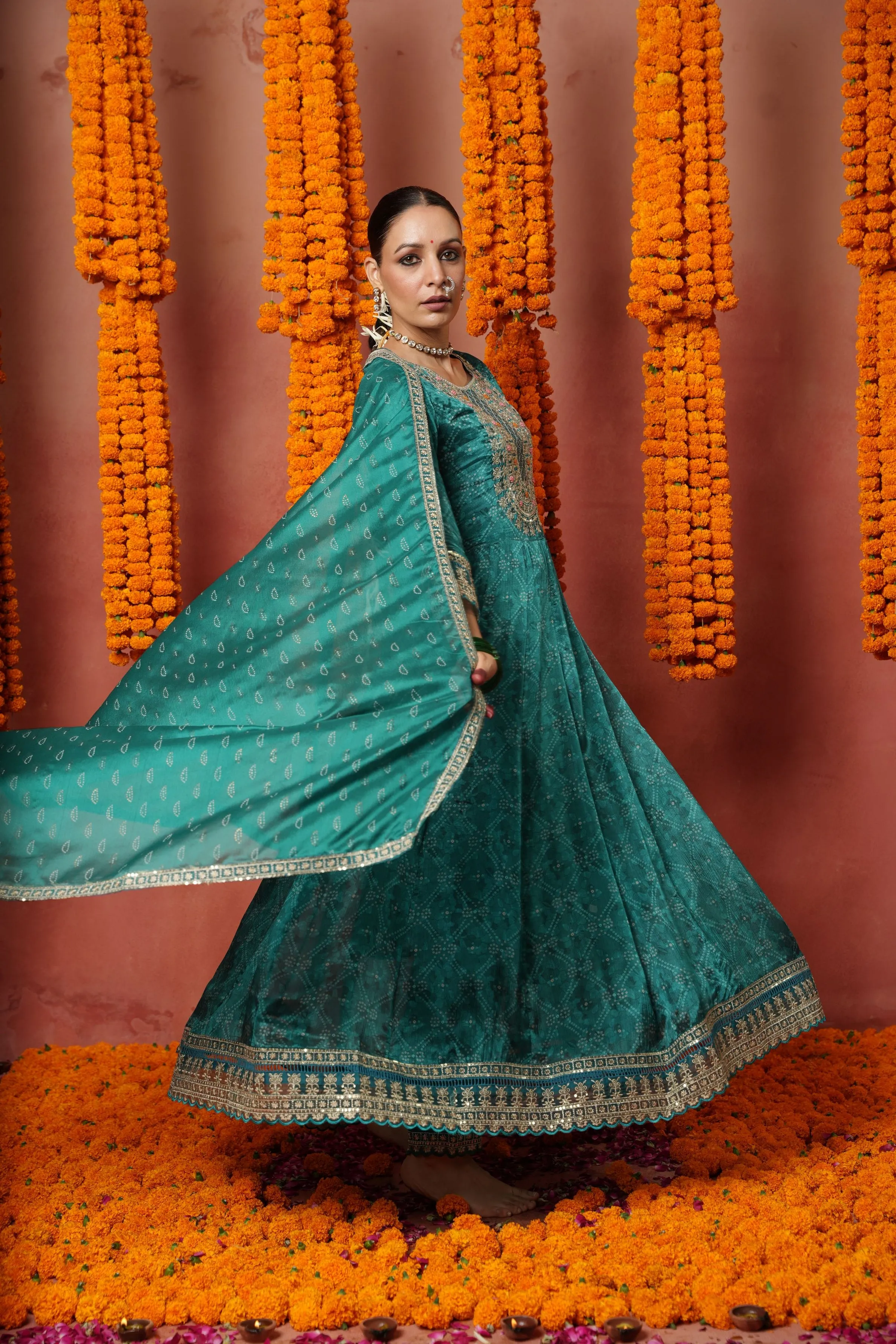 Teal Green Traditional Printed Spanish Silk Anarkali Set