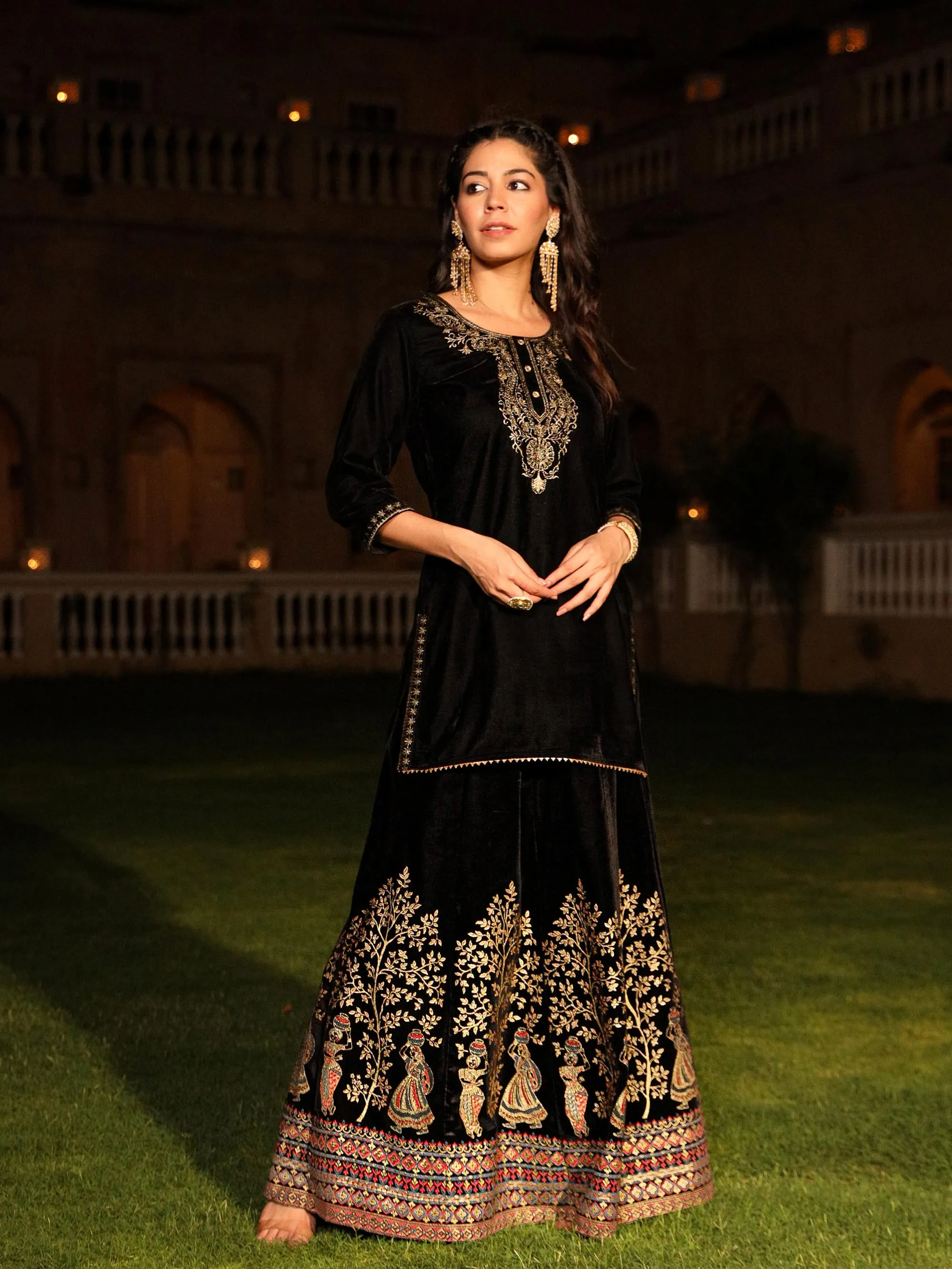 The Sunehri Black Zari Embroidered Velvet Top & Skirt Set With Sequins & Buttons