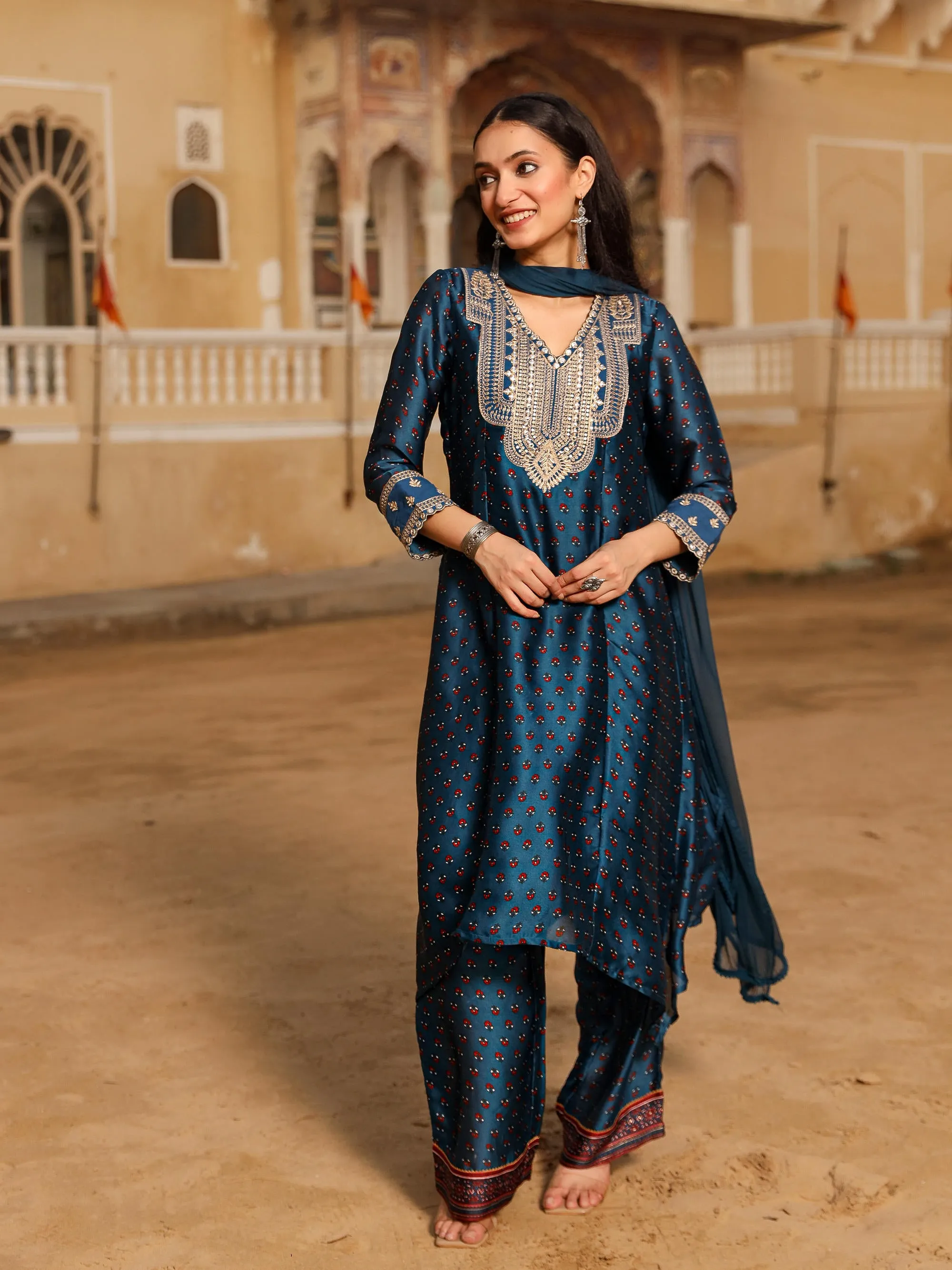 The Swarn Blue Ethnic Motif Printed Satin Kurta Pant And Dupatta With Zari & Mirror Work