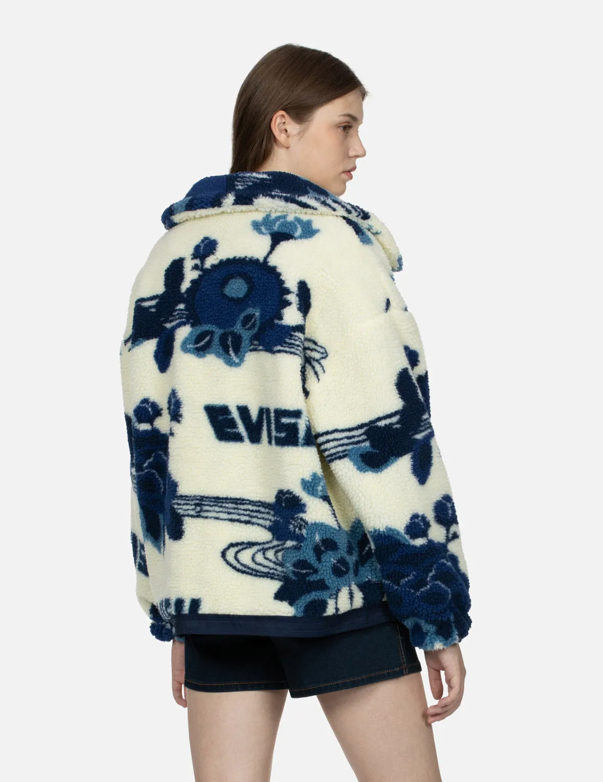 Tonal Floral Jacquard Drop-shoulder Zipped Sherpa Jacket