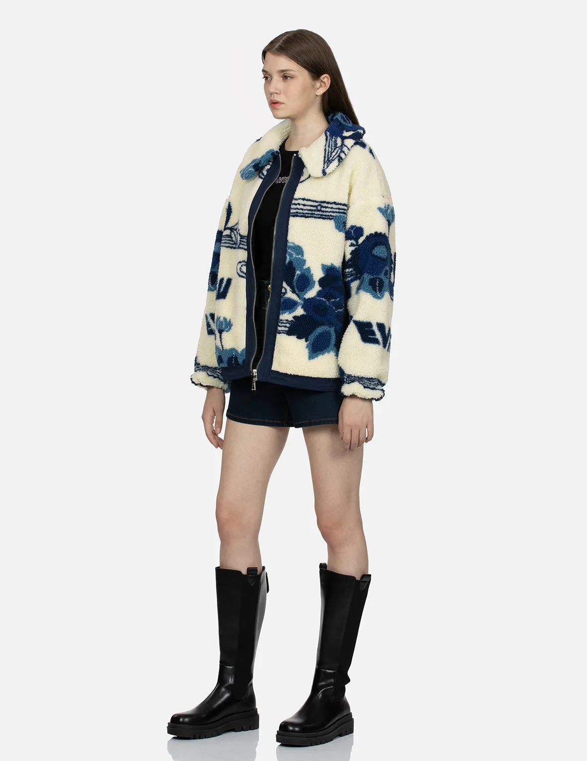 Tonal Floral Jacquard Drop-shoulder Zipped Sherpa Jacket