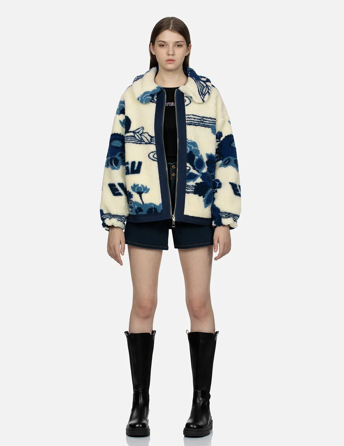 Tonal Floral Jacquard Drop-shoulder Zipped Sherpa Jacket