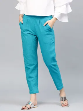 Turquoise Blue Solid Cotton Slub Straight Pants