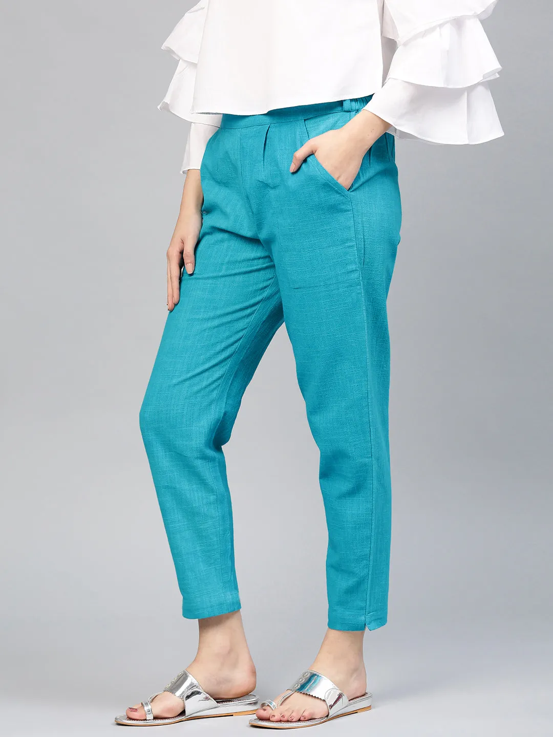 Turquoise Blue Solid Cotton Slub Straight Pants