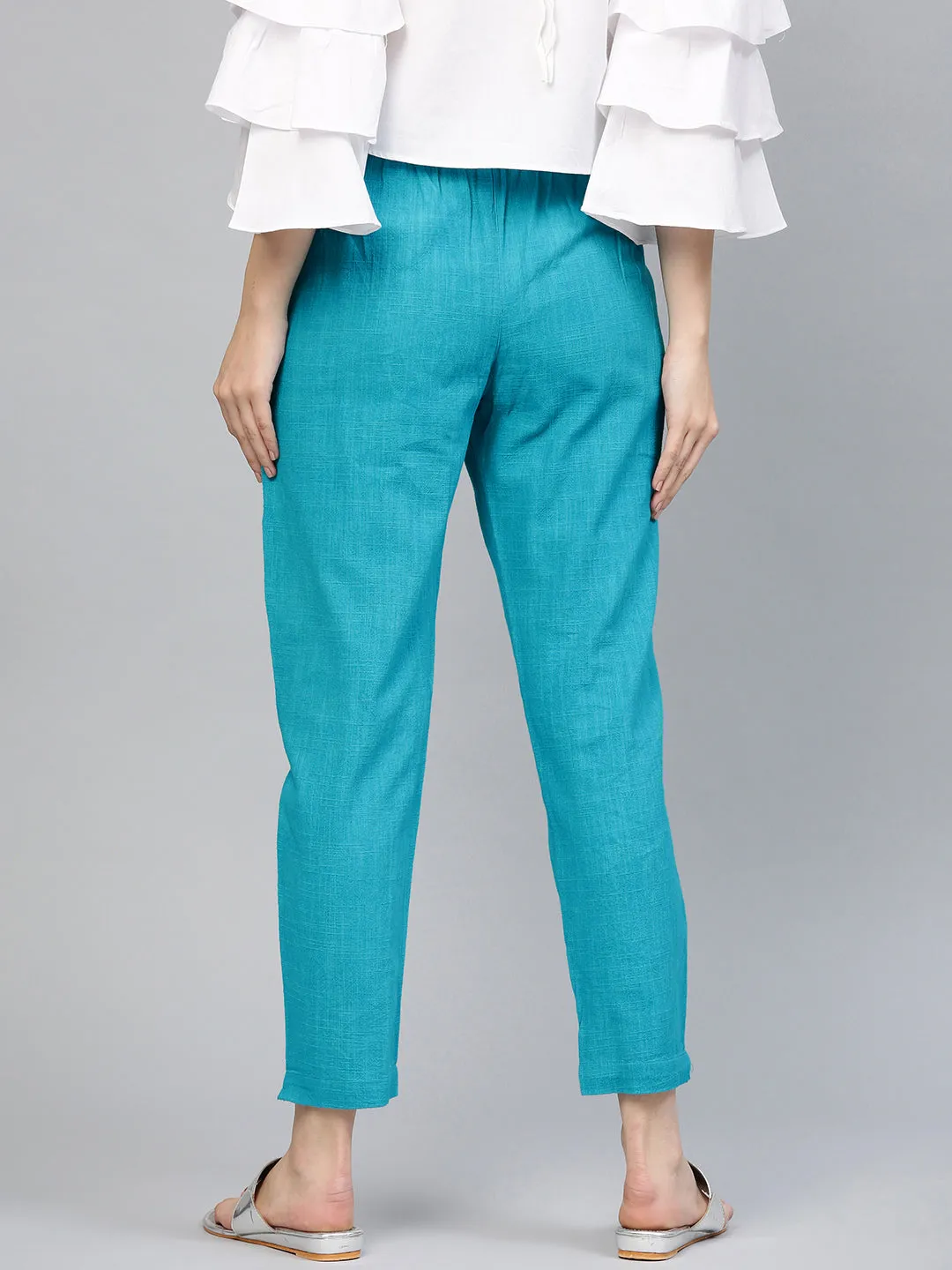 Turquoise Blue Solid Cotton Slub Straight Pants