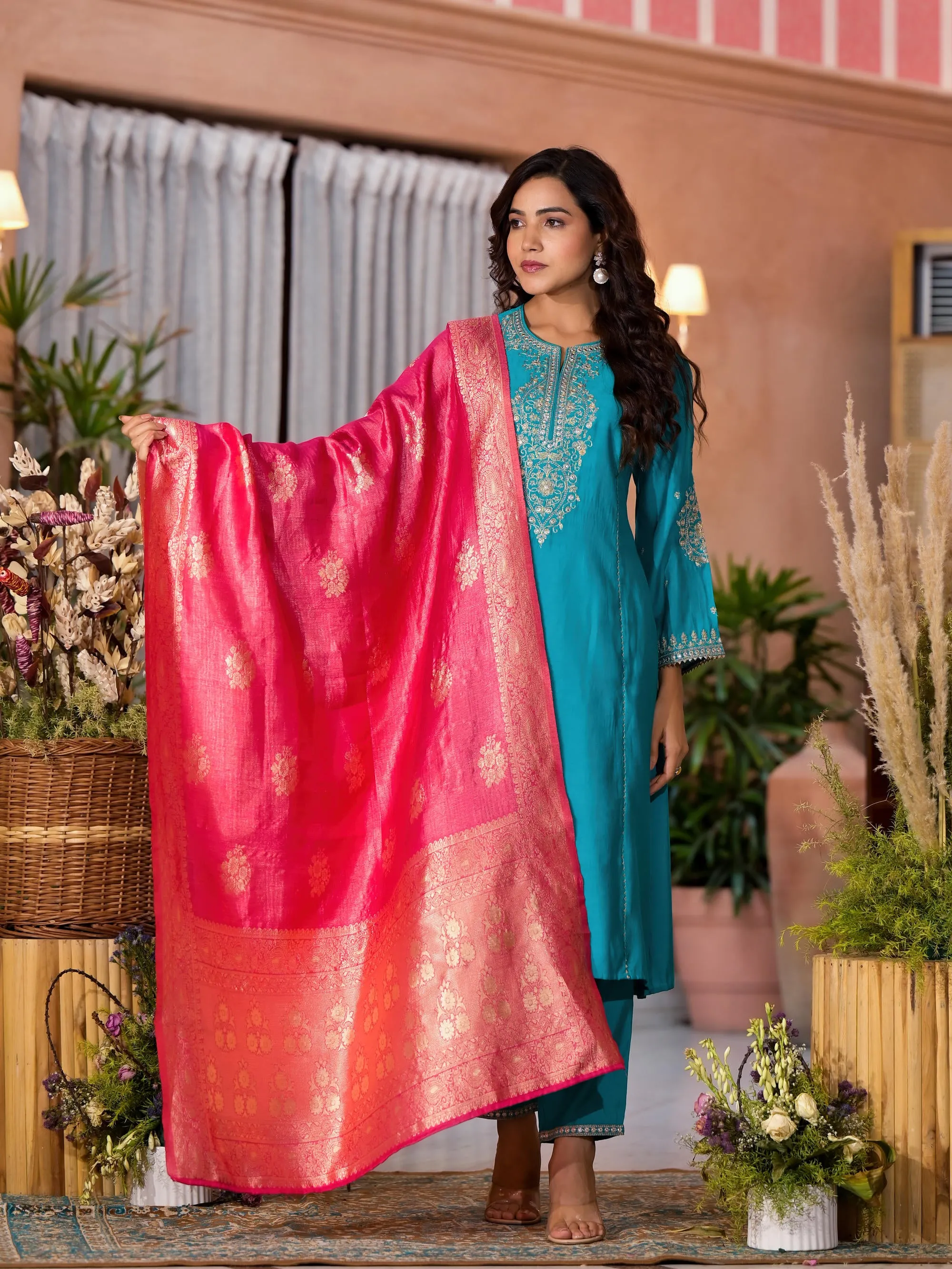 Turquoise Zari Embroidered Viscose Kurta Pant And Dupatta Set With Lace & Mirror Work