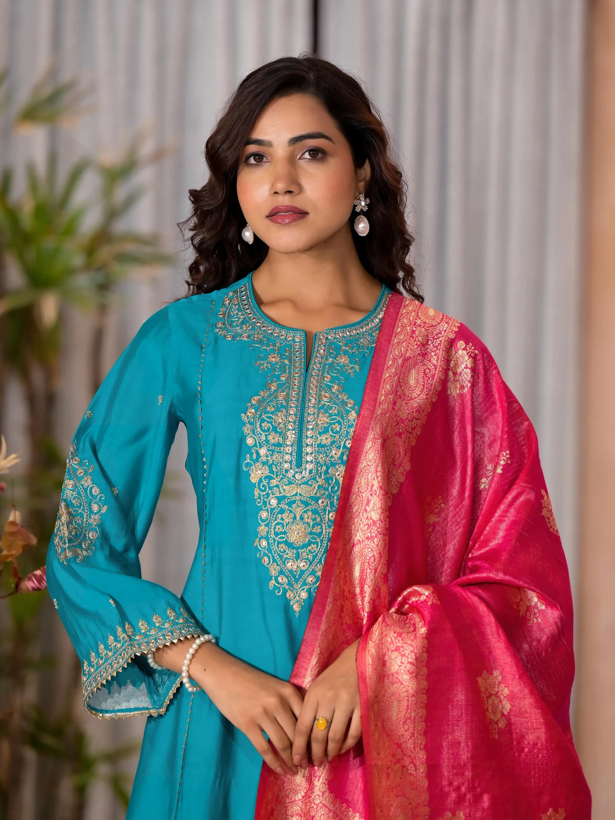 Turquoise Zari Embroidered Viscose Kurta Pant And Dupatta Set With Lace & Mirror Work