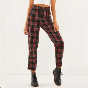 VenusFox Mid Waist Casual Loose Plaid Pants with Zipper