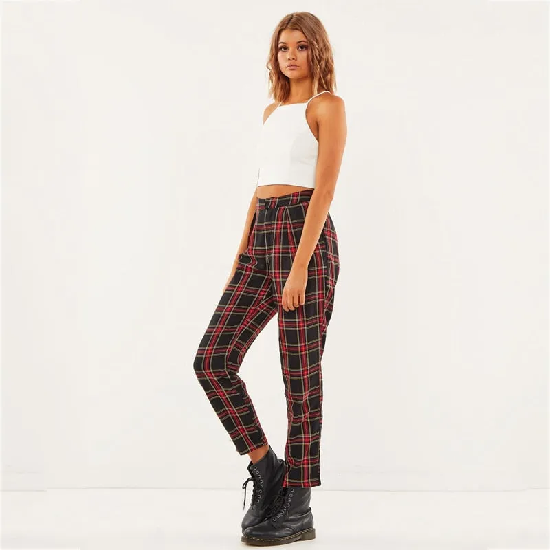 VenusFox Mid Waist Casual Loose Plaid Pants with Zipper