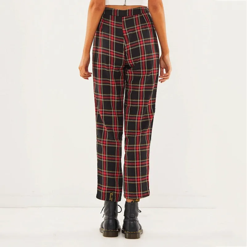 VenusFox Mid Waist Casual Loose Plaid Pants with Zipper