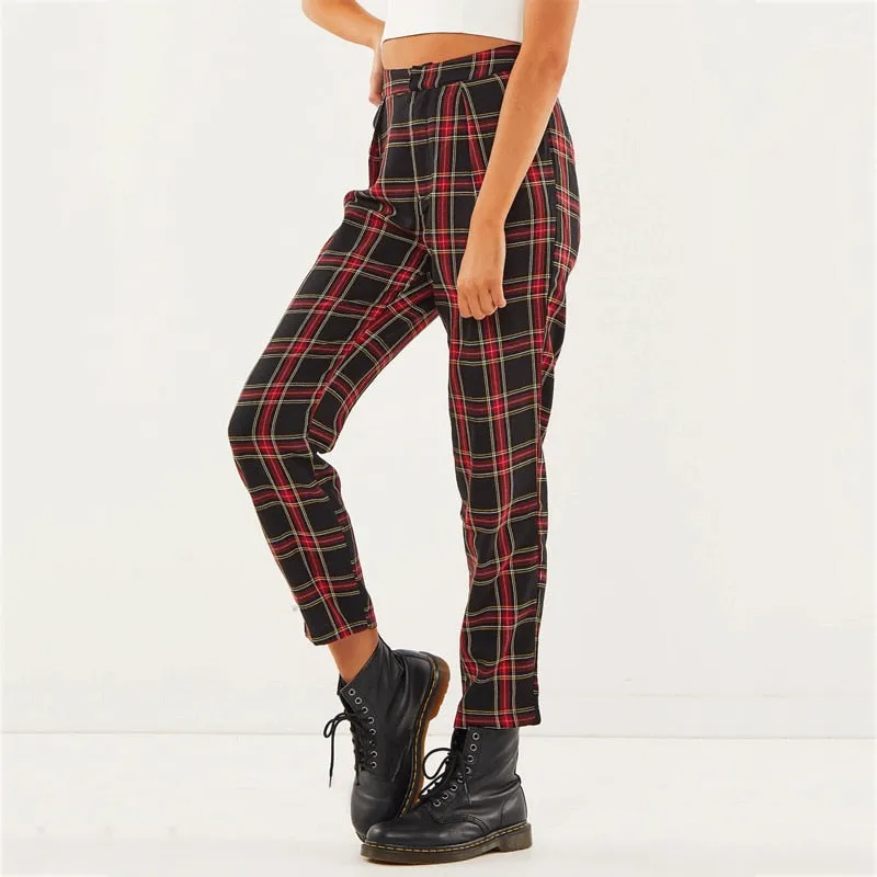 VenusFox Mid Waist Casual Loose Plaid Pants with Zipper