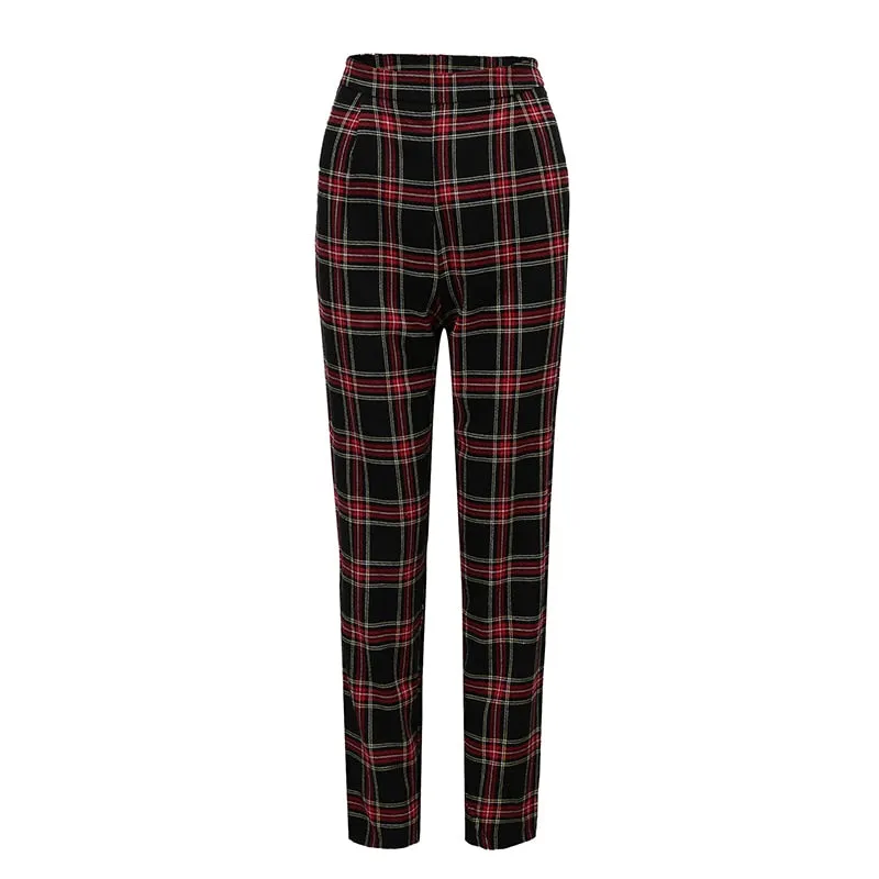 VenusFox Mid Waist Casual Loose Plaid Pants with Zipper