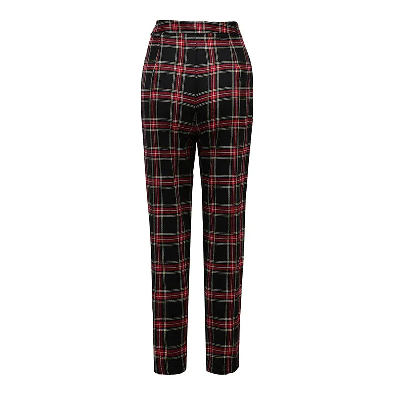 VenusFox Mid Waist Casual Loose Plaid Pants with Zipper