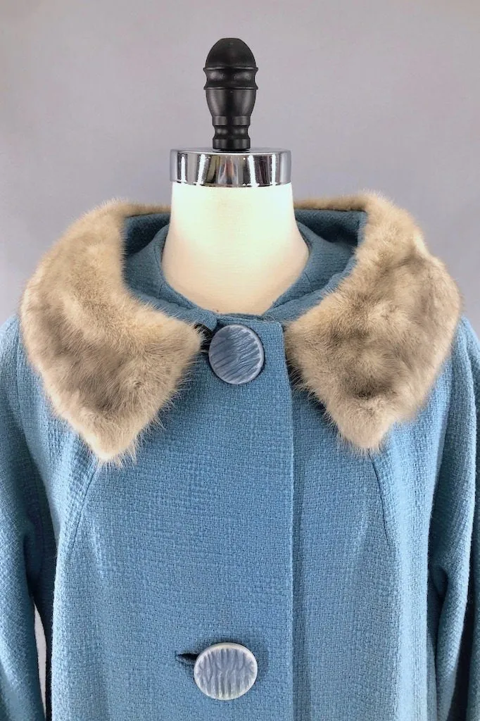 Vintage Powder Blue Coat with Grey Mink Fur Collar