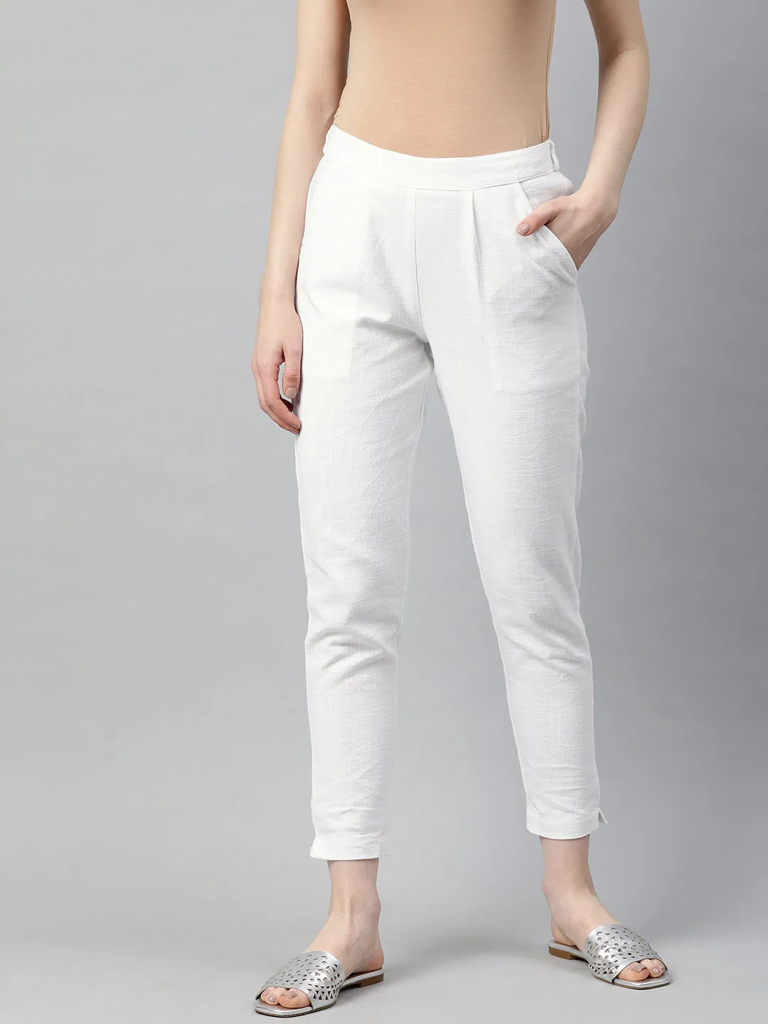 White Solid Cotton Slub Straight Pants