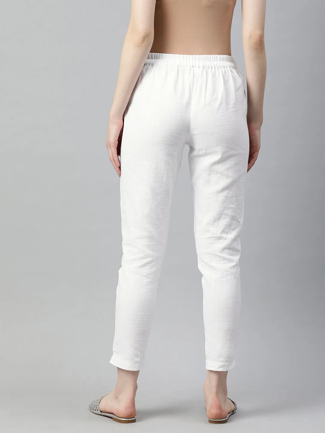 White Solid Cotton Slub Straight Pants