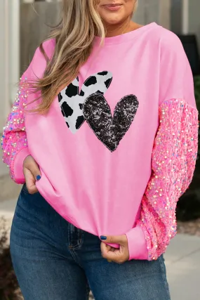 Wholesale Pink Double Heart Patch Sequined Sleeves Plus Size Sweatshirt