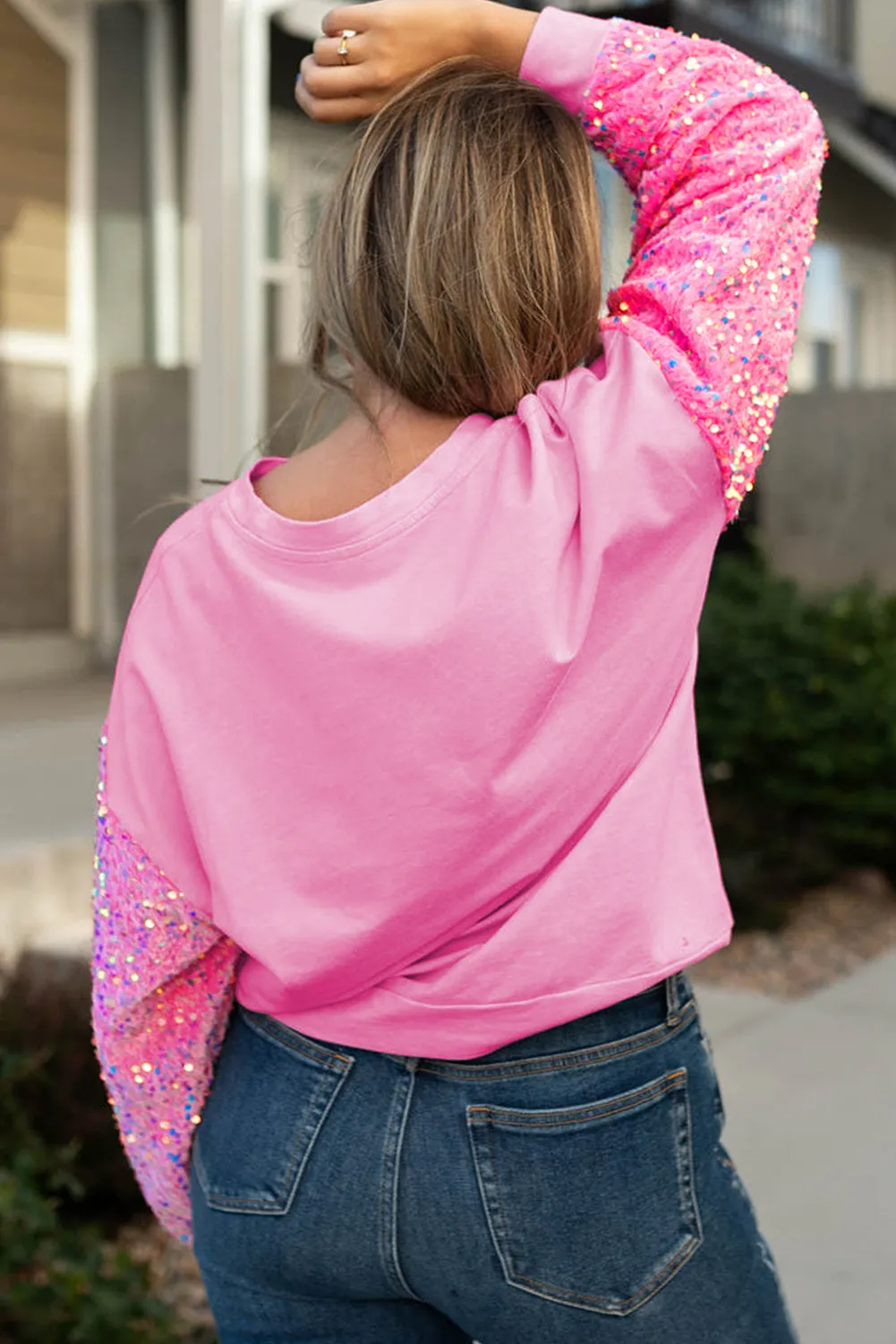 Wholesale Pink Double Heart Patch Sequined Sleeves Plus Size Sweatshirt