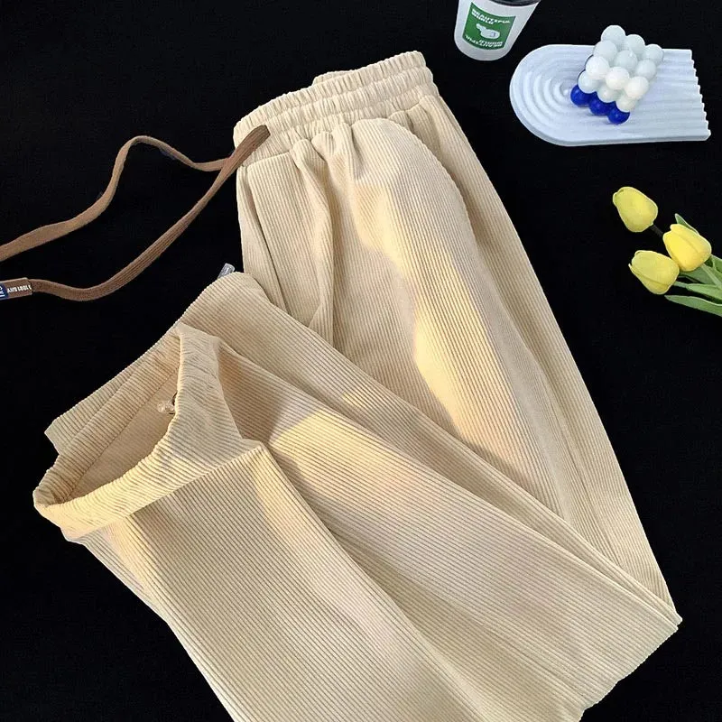 Wiaofellas  - Men Spring Autumn Retro Drawstring Loose Sports Pants Male Loose Wide Leg Pants Men Corduroy Straight Casual Trousers H553