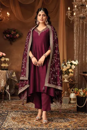 Wine Embellished Raw Silk Kurta Pants Set