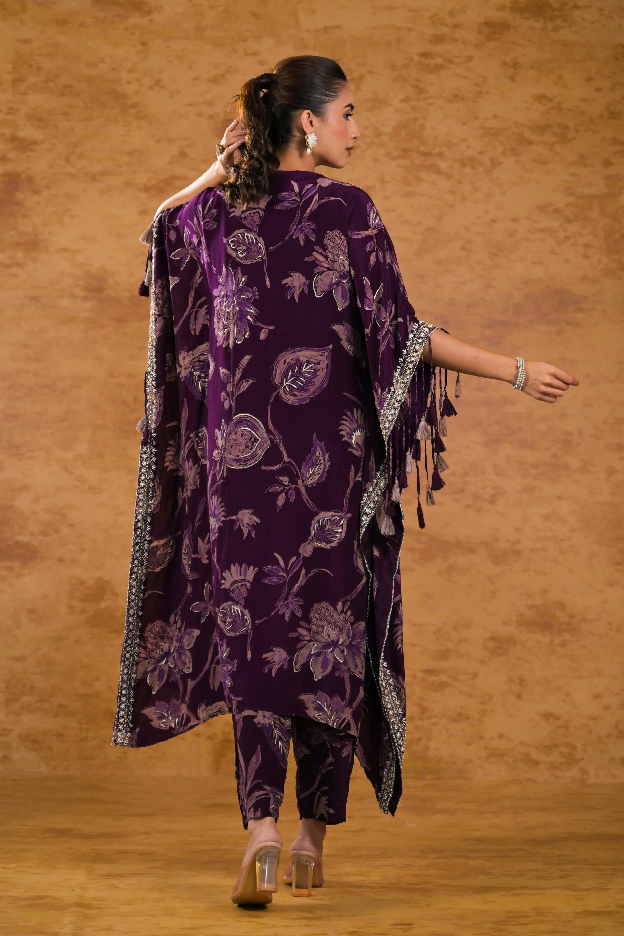 Wine Floral Printed Crepe Silk Kaftan Set