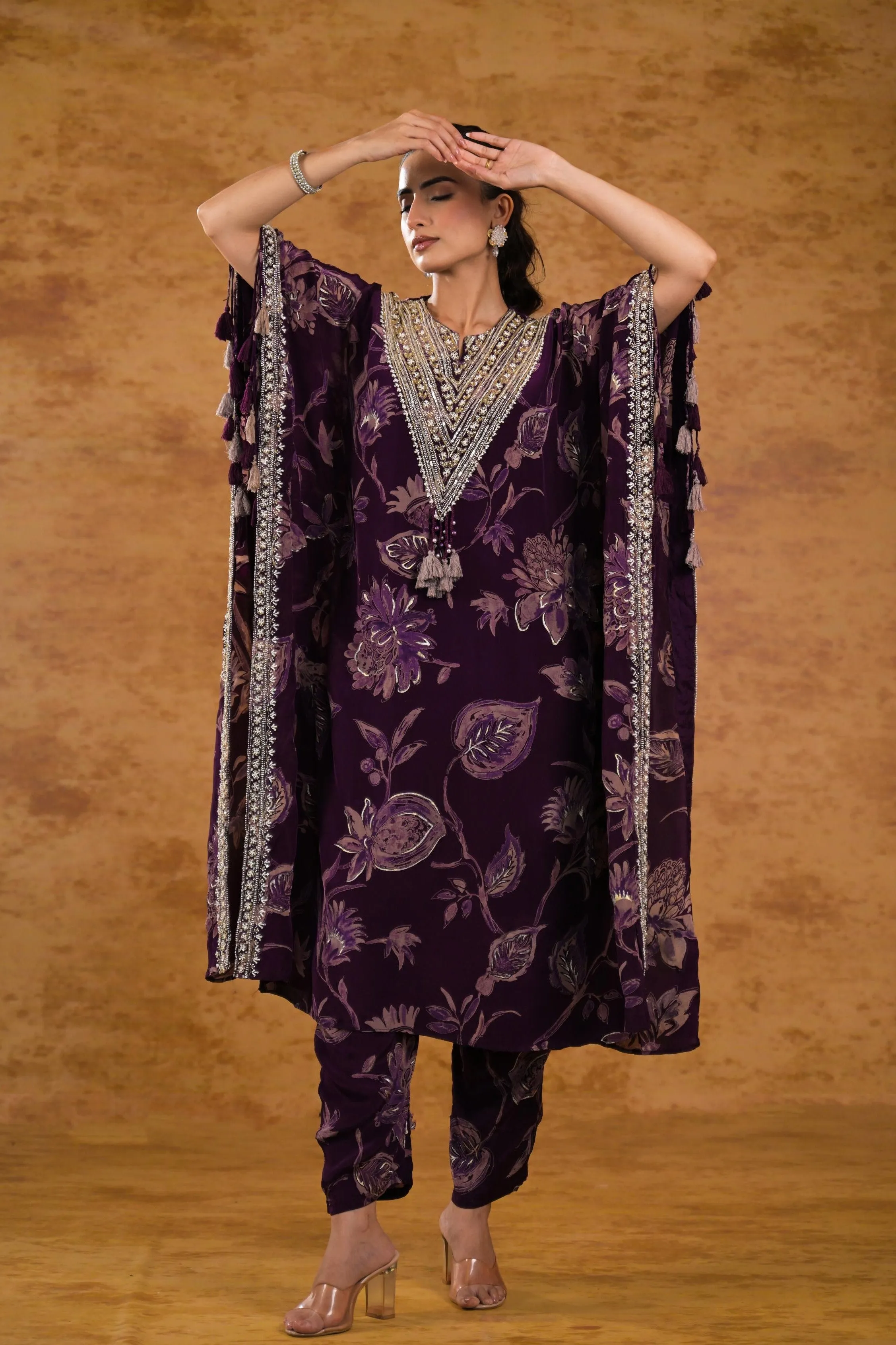 Wine Floral Printed Crepe Silk Kaftan Set