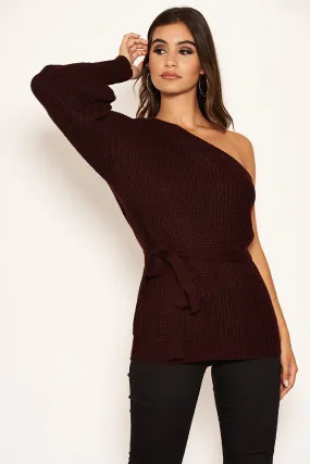 Wine One Shoulder Tie Waist Knit Jumper