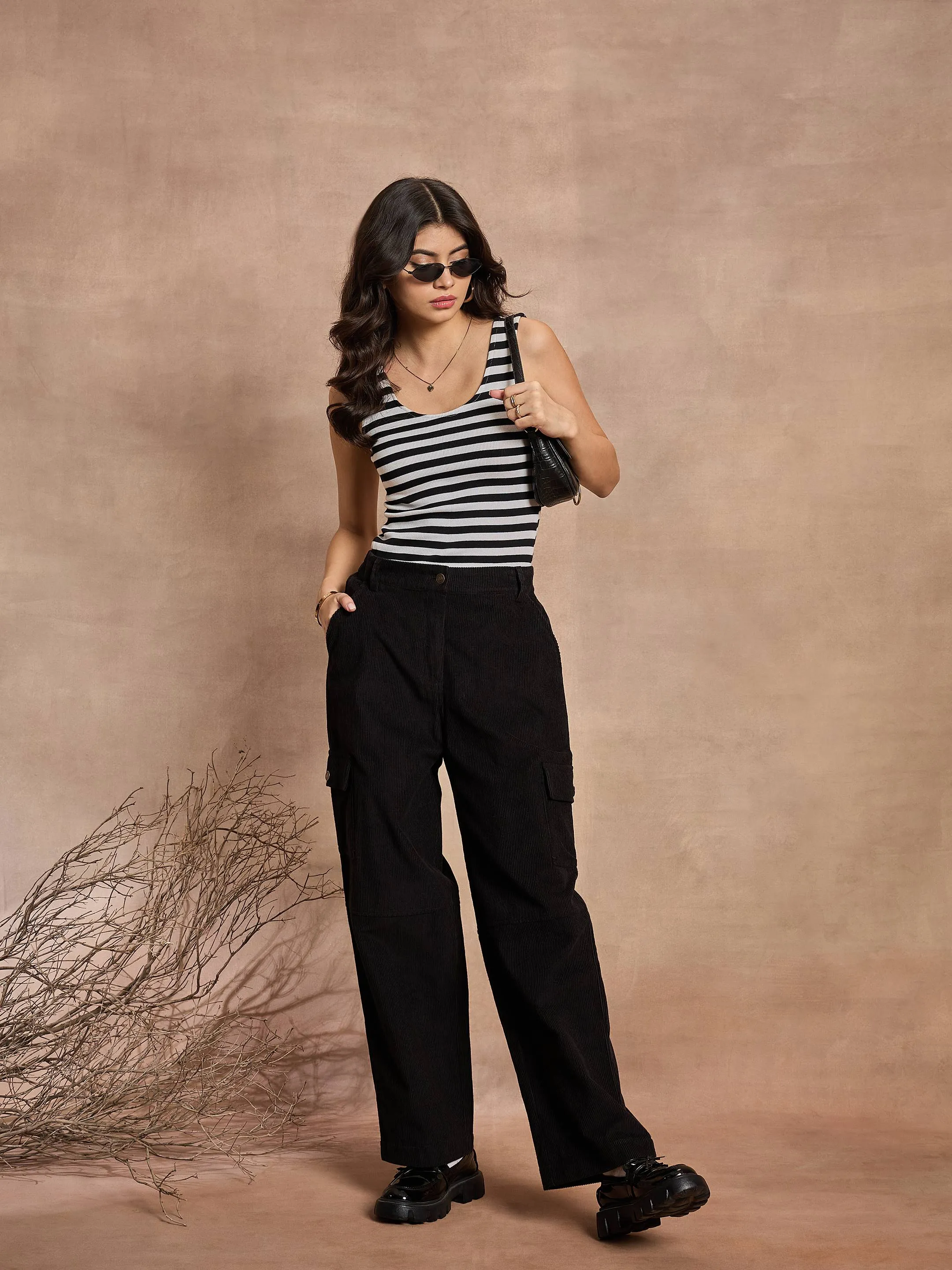 Women Black Corduroy Straight fit Cargo Pants