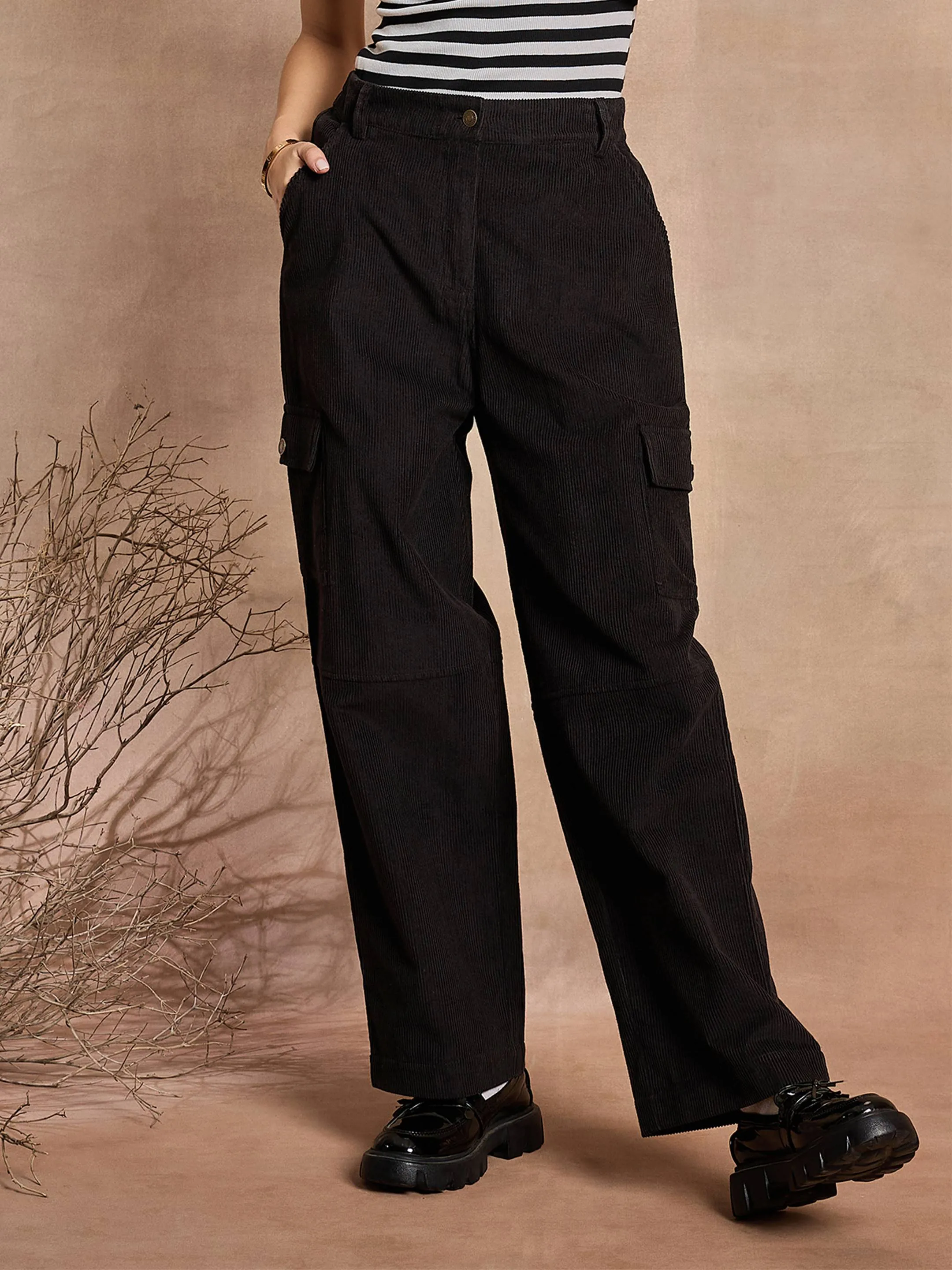 Women Black Corduroy Straight fit Cargo Pants