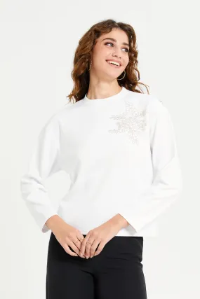 Women Cream Sequined Motif Sweatshirt