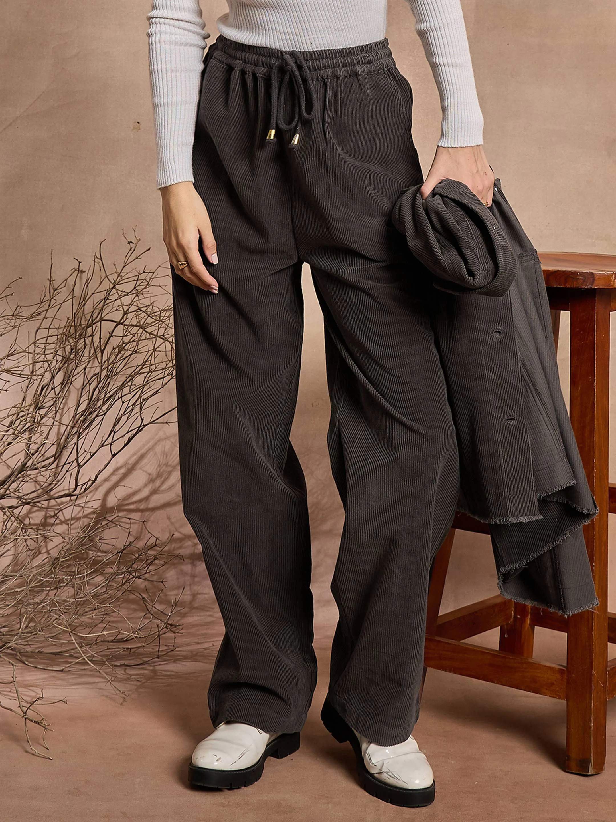 Women Dark Grey Corduroy Straight Pants