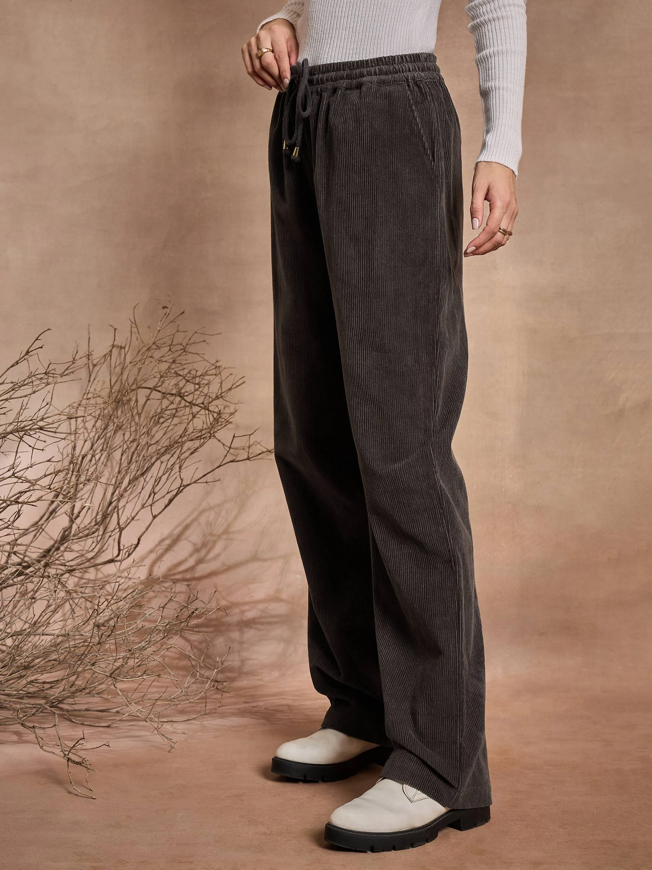 Women Dark Grey Corduroy Straight Pants