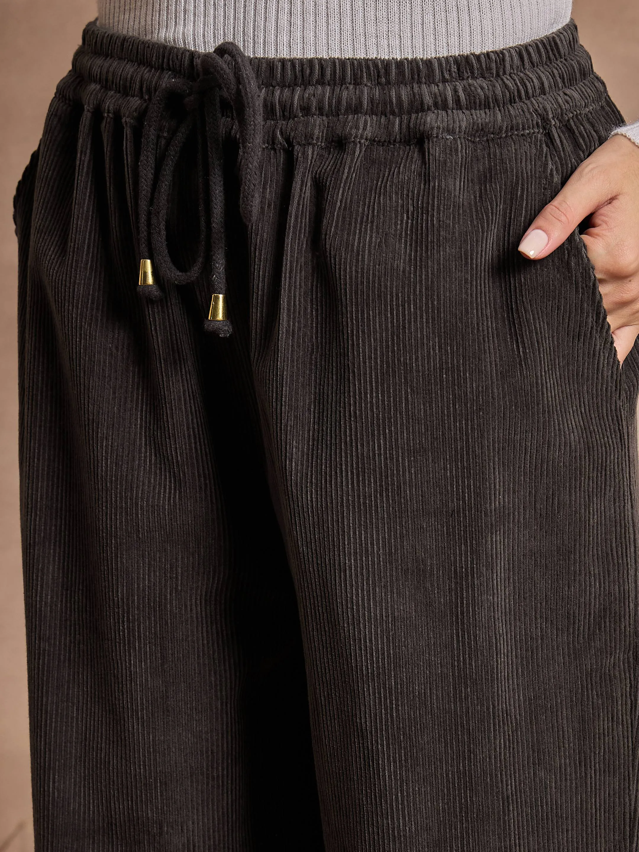 Women Dark Grey Corduroy Straight Pants