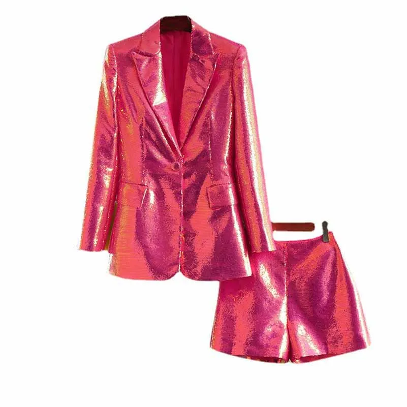 Women Sequined Bling Bling Mid-length Single Breast Blazer   Shorts Suit Hot Pink