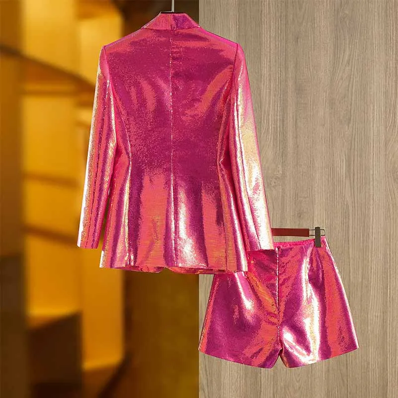 Women Sequined Bling Bling Mid-length Single Breast Blazer   Shorts Suit Hot Pink