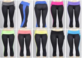 women's athletic capri yoga pants - black w/ colored waist & sides Case of 72