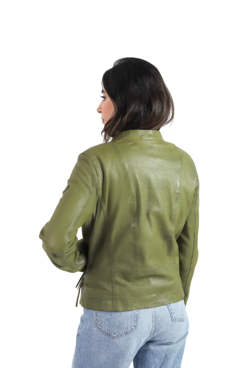 Womens Cafe Racer Sheep Leather Olive Jacket Biker Motorcycle Style Jacket - ELF18