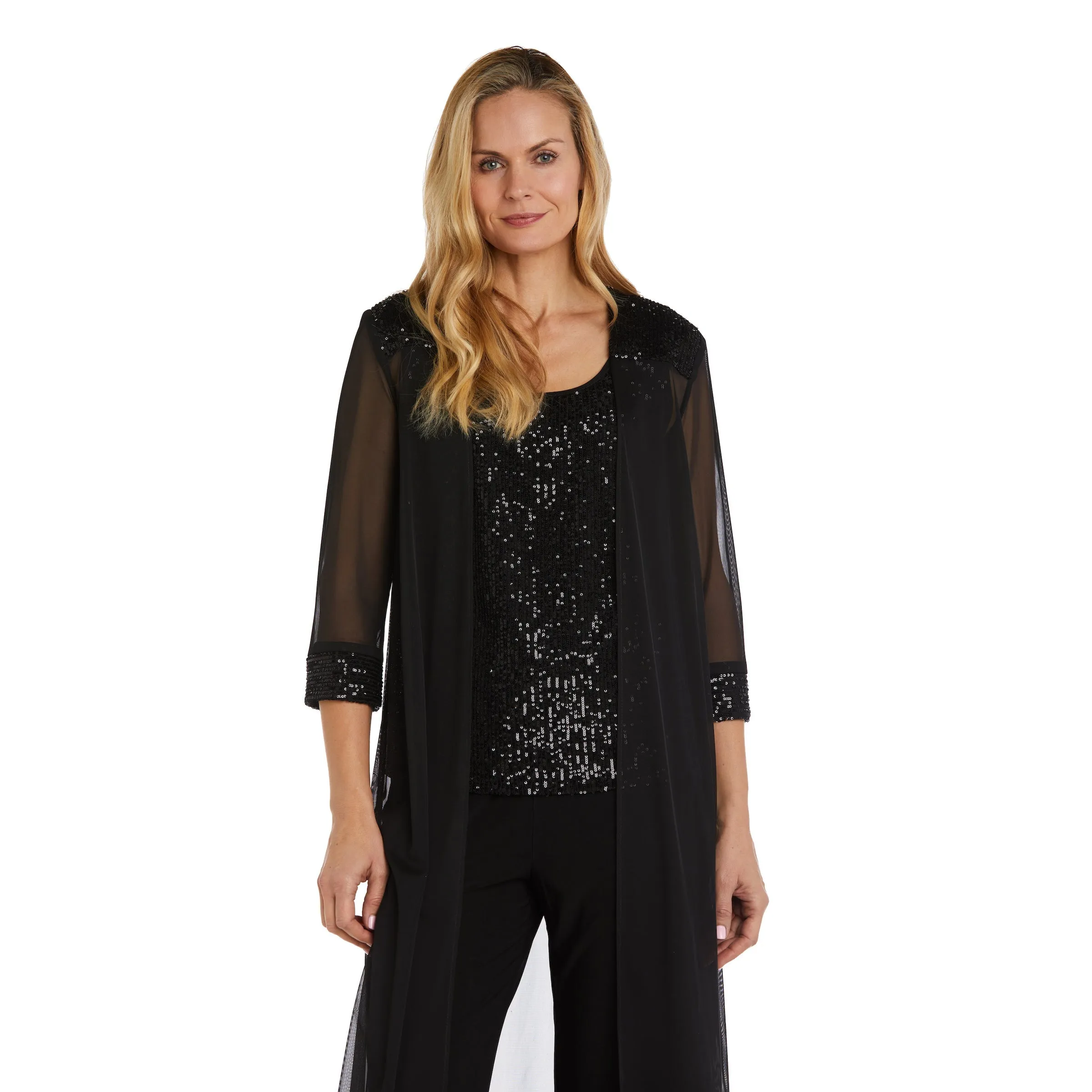 Women's Chiffon Sequin Shell Long Duster Jacket Pant Suit