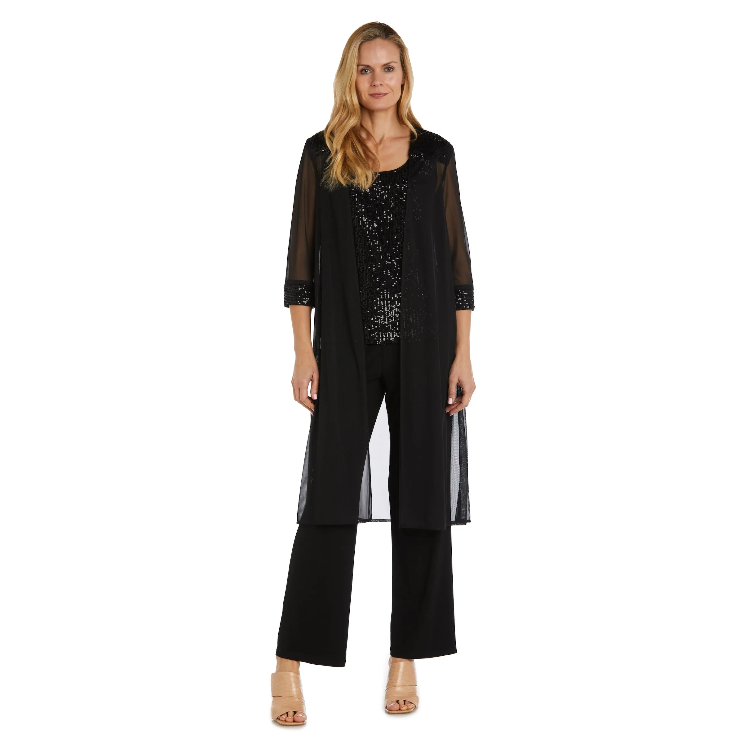 Women's Chiffon Sequin Shell Long Duster Jacket Pant Suit