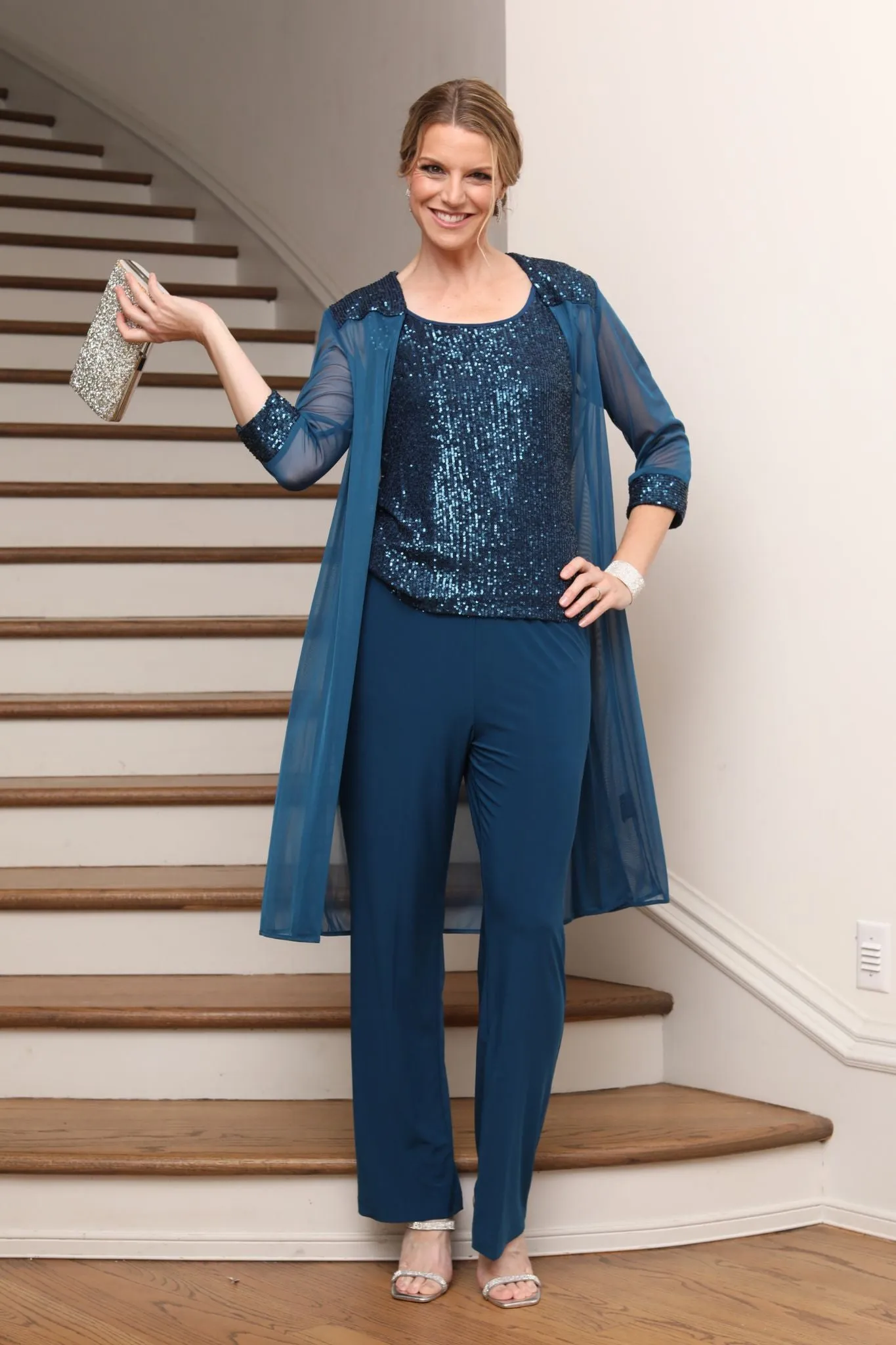 Women's Chiffon Sequin Shell Long Duster Jacket Pant Suit