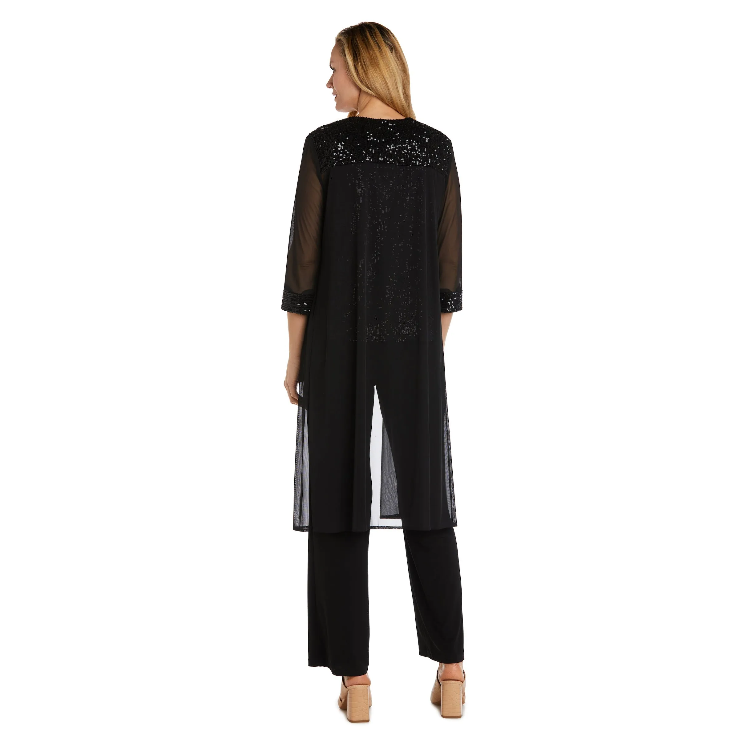 Women's Chiffon Sequin Shell Long Duster Jacket Pant Suit