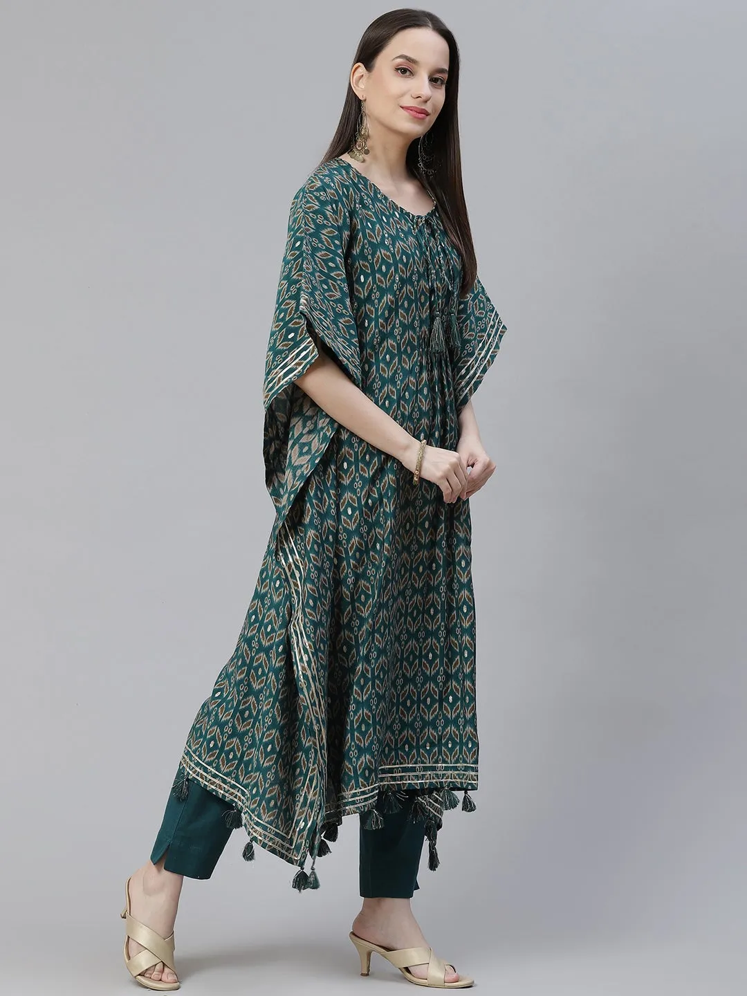 Women'S Green Rayon Floral Kaftan Pant Set