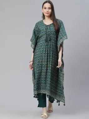 Women'S Green Rayon Floral Kaftan Pant Set