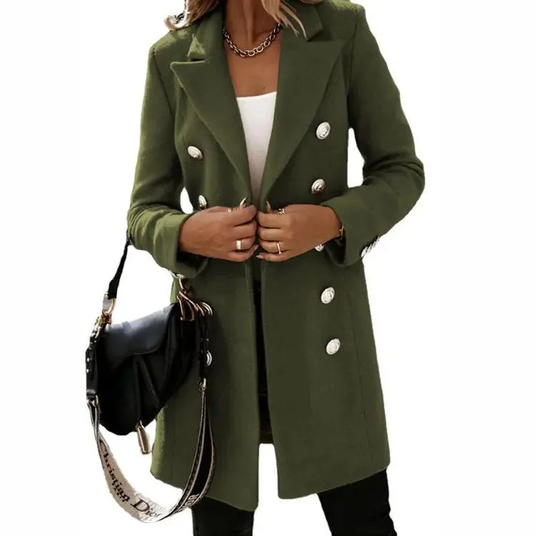 Women's Officewear Double-Breasted Trench Plaid Wool Coat