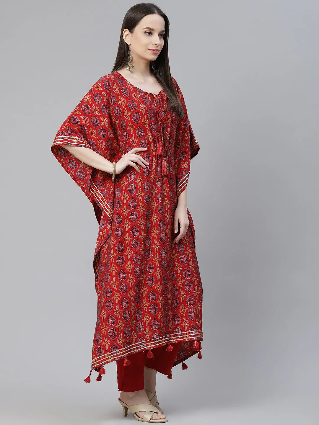 Women'S Red Rayon Floral Kaftan Pant Set