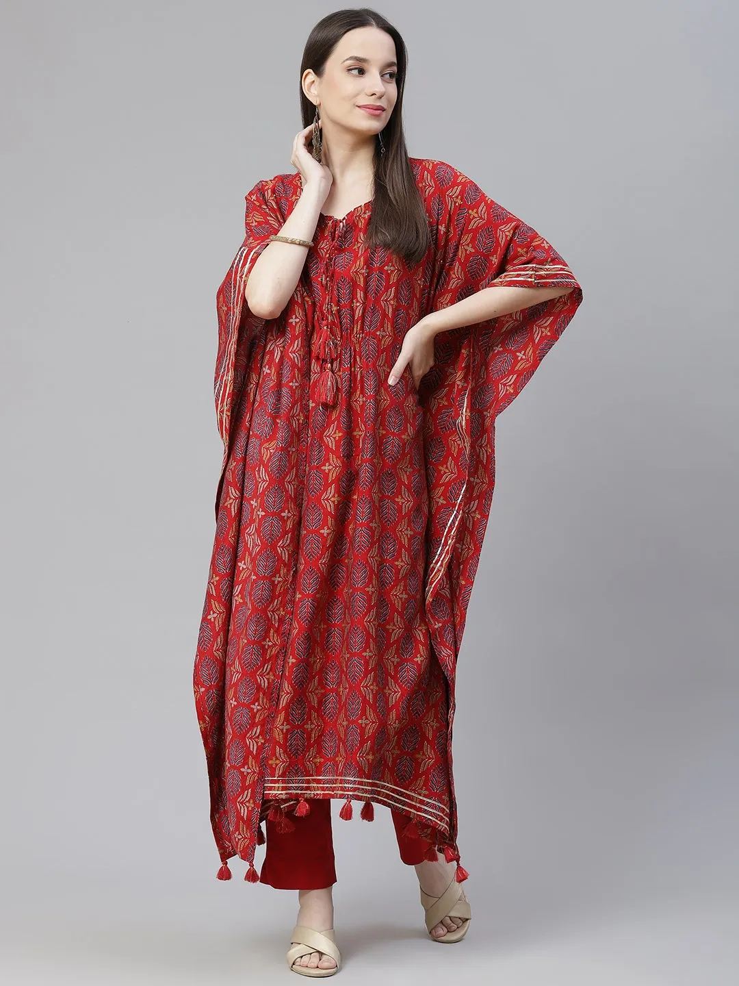 Women'S Red Rayon Floral Kaftan Pant Set