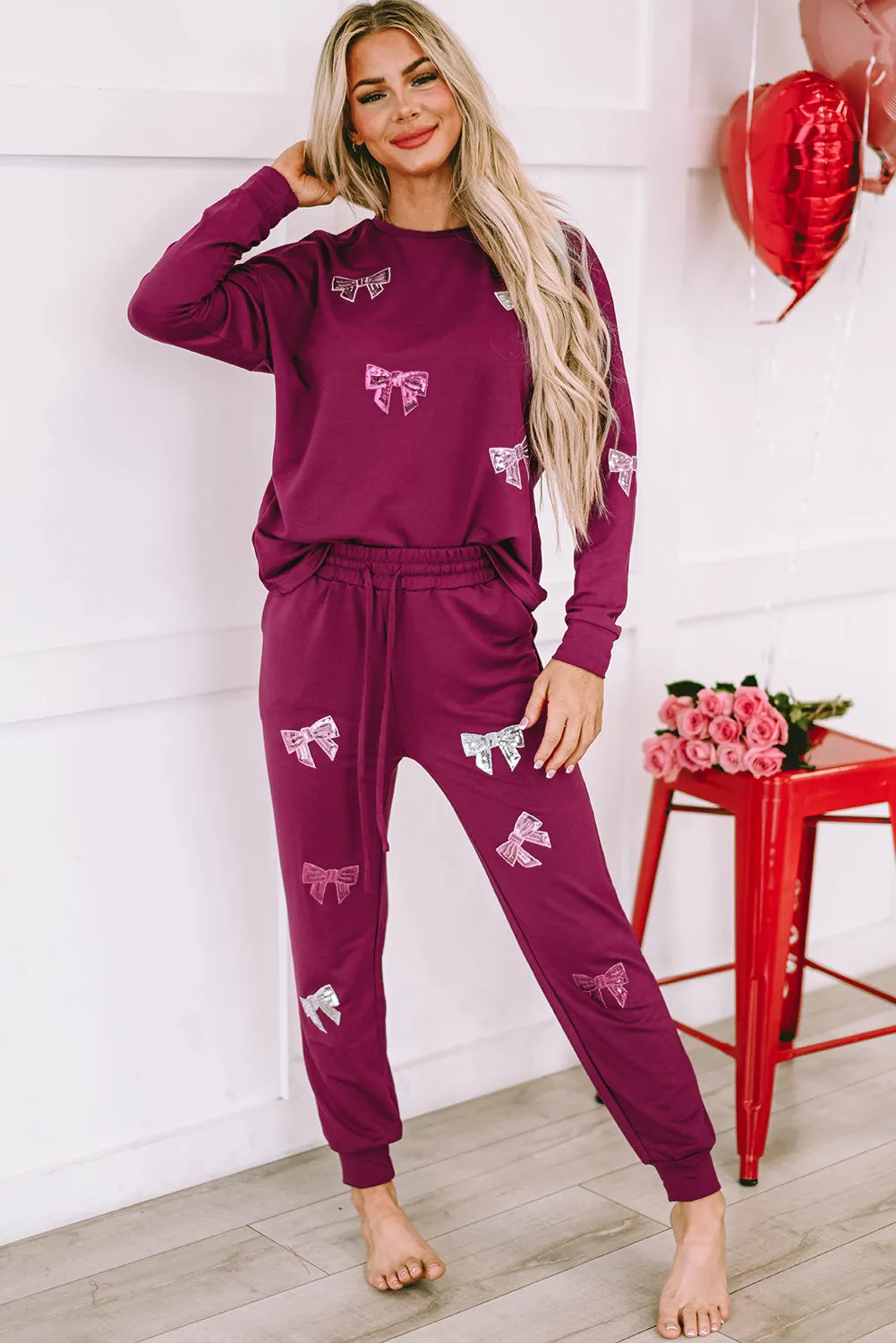 Women's Sequined Bowknot Graphic Long Two-piece Outfit