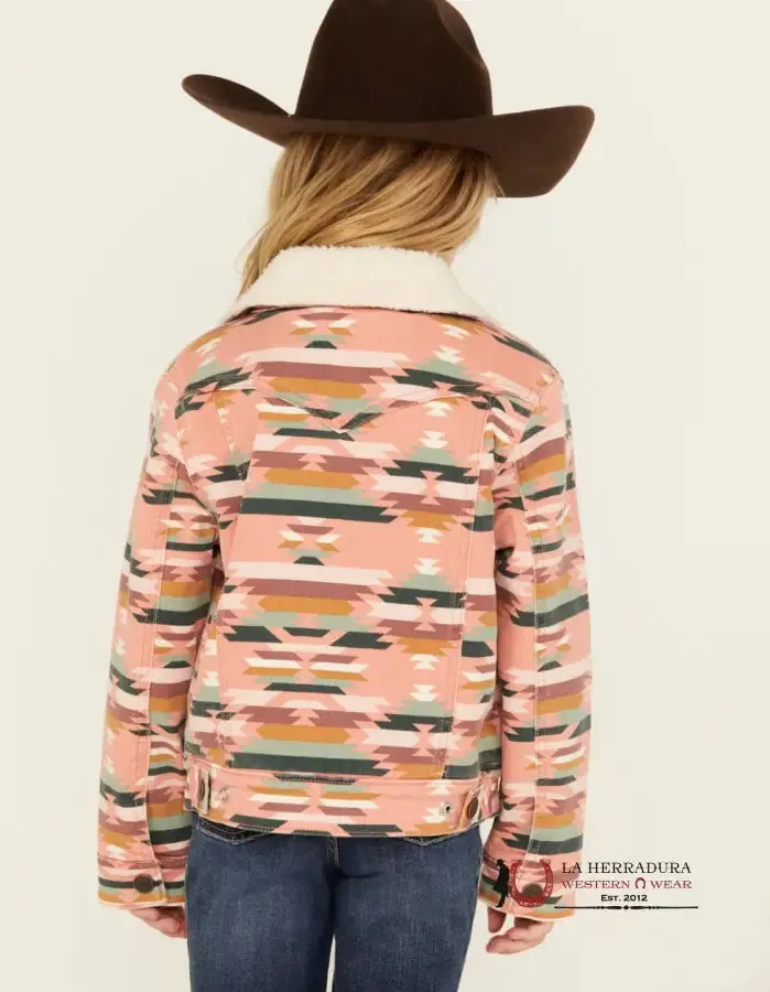 Wrangler Girl's Southwestern Print Sherpa Denim Jacket in Pink