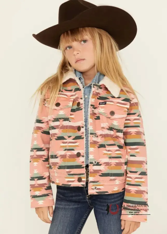 Wrangler Girl's Southwestern Print Sherpa Denim Jacket in Pink